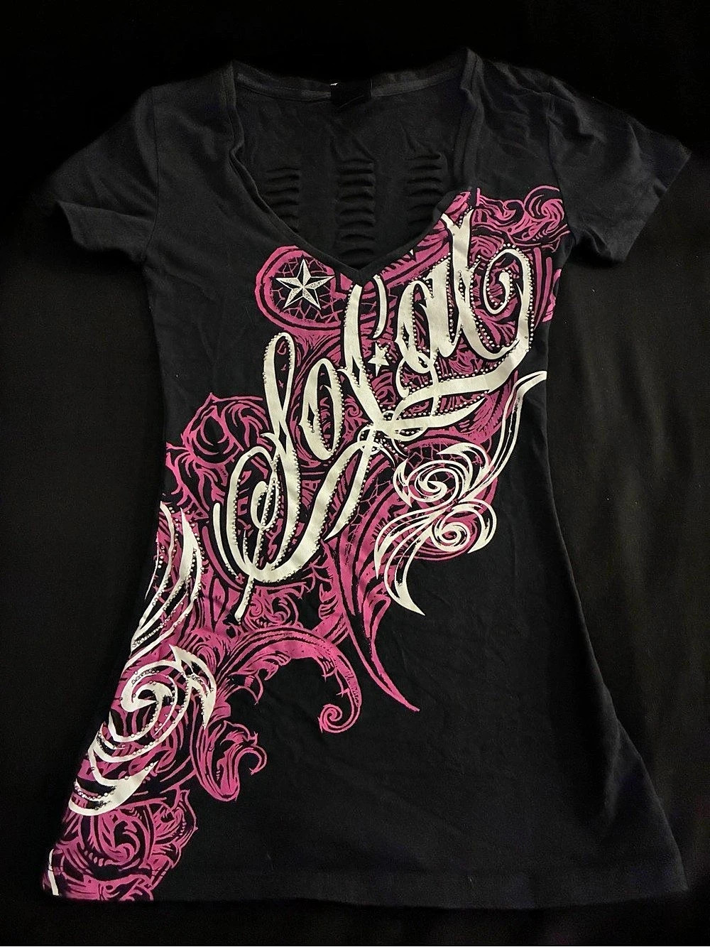 Y2K Emo Graphic Rhinestone Tee in Black & Pink Size Medium